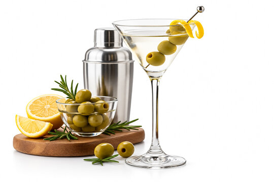 Classic vodka martini cocktail with green olives, lemon twist, and shaker isolated on white background