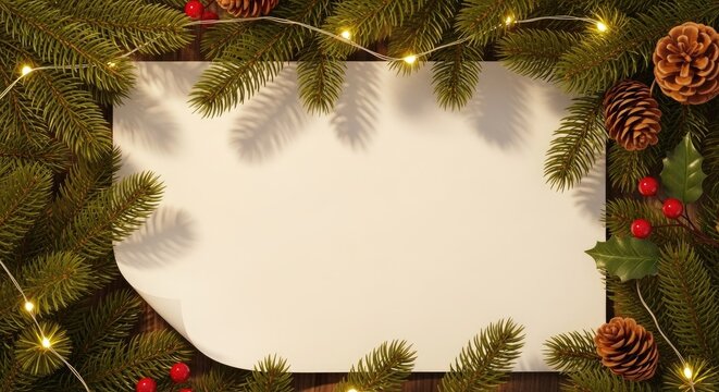 Pine branch frame with pinecones lights and curled paper