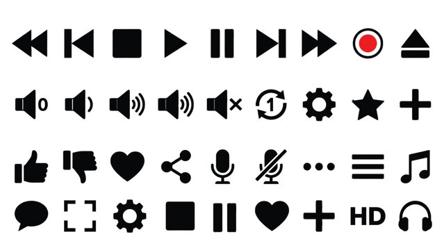 Black media player control buttons and music symbol vector graphic design elements collection