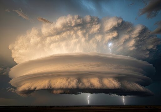 Rotating wall cloud at sunset with active lightning strikes.