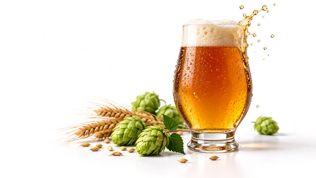 Glass of splashing cold beer with green hops and wheat isolated on white background.