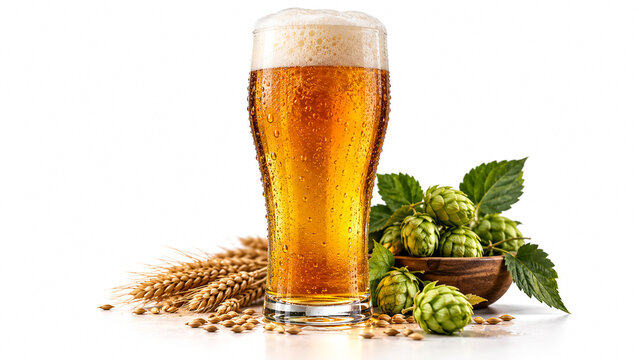 Glass of cold beer with green hops and barley isolated on white background.