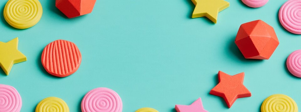 Bright geometric shapes scatter across a soft teal surface