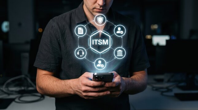 Man using smartphone with ITSM text and IT service management icons