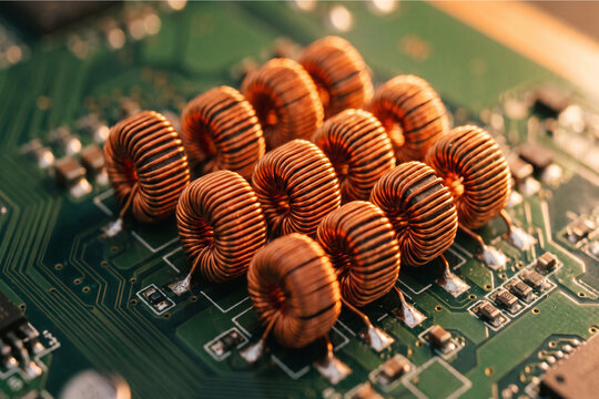 Copper toroidal inductor coils soldered on a green circuit board, electronic components for power supply design, electronics manufacturing, engineering and hardware repair