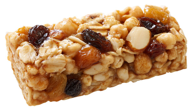 Nut and raisin granola bar with oats and almonds isolated on transparent background