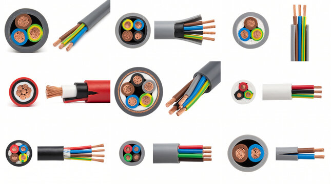Set of electric cable cross sections showing copper wires, insulation, and outer sheaths. Collection of electrical wiring components isolated on a white background.