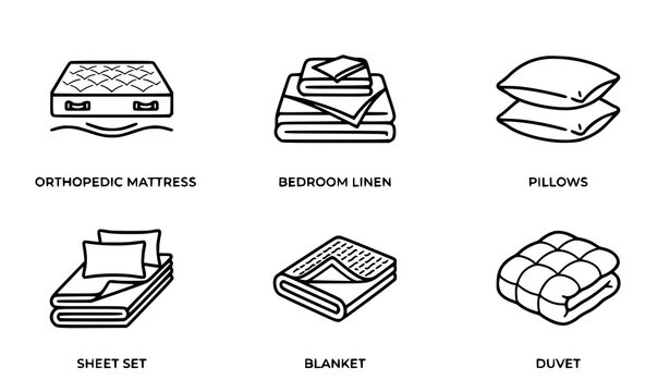 Bedding line icons set with orthopedic mattress bedroom linen pillows sheet set blanket and duvet in black outline vector illustration for home textile