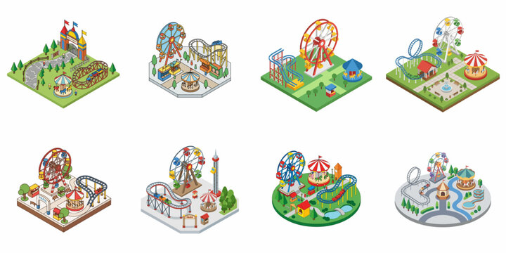 Isometric Amusement Park and Theme Park Vector Illustration Collection Featuring Ferris Wheels, Roller Coasters, Carousels, and Fairground Attractions