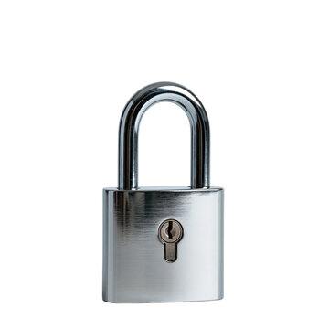 Shiny metal padlock with keyhole in bright studio lighting isolated on transparent background
