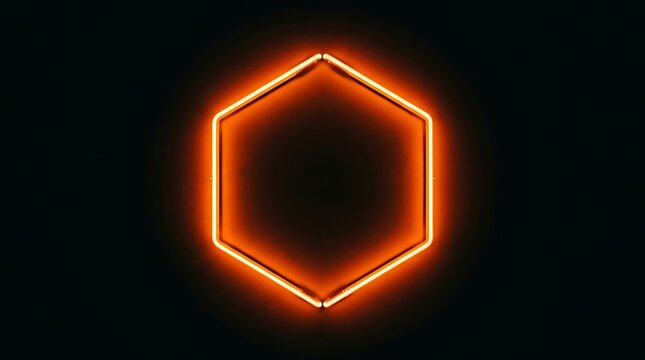 Glowing orange neon hexagon frame centered on a solid black background, minimalist geometric light shape with soft radiant illumination