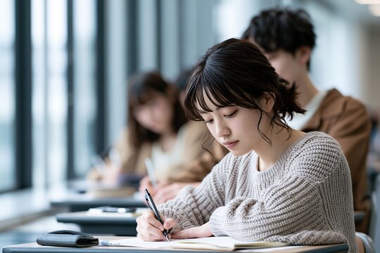 大学の教室でノートを書き勉強に集中する日本人学生