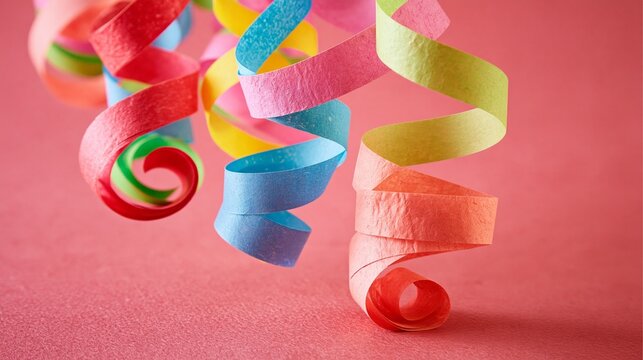 Vibrant paper confetti spirals dance against a solid pink backdrop