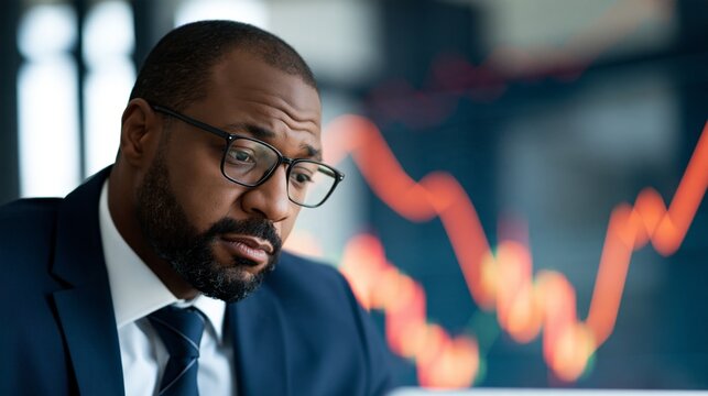Focused man studies financial chart with concern