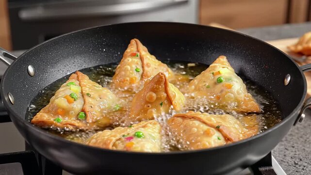 Deep frying traditional Indian vegetable samosas in hot oil skillet