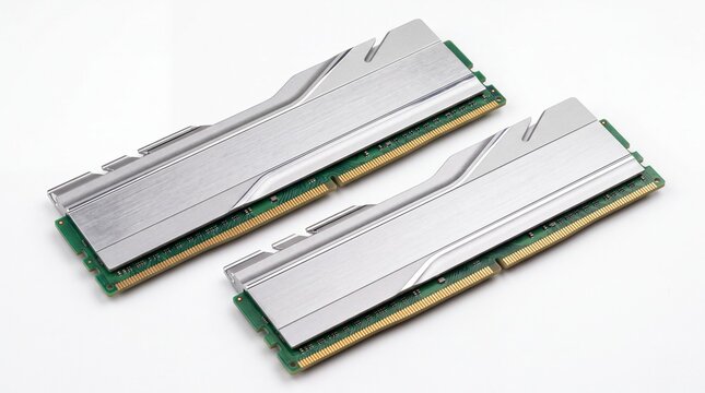 Two modern computer ram memory modules with silver metal heatsinks isolated on white background