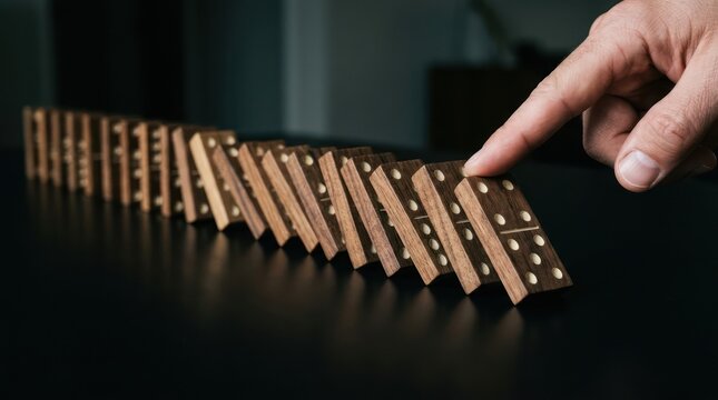 Hand pushing wooden domino block to start chain reaction