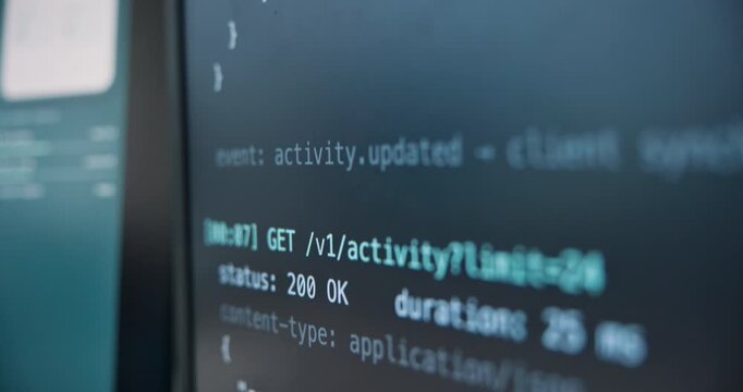 Code, sync or software development on computer screen, data conversion or batch processing in agency. Digital, coding or information input with tech, script analysis or backend encryption in office.