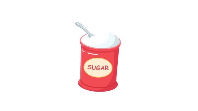 vector animated red container labeled "Sugar" filled with white sugar and a spoon resting inside against a white background