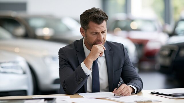 Man in suit sits pensively at desk