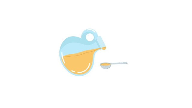 vector animated blue glass pitcher pouring golden oil or liquid into a small measuring spoon against a white background