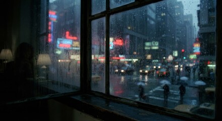Fototapeta premium Rainy city street with neon signs and umbrellas seen through a dark window
