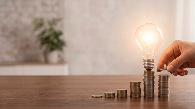 Hand stacking coins in ascending steps with a glowing lightbulb on top, symbolizing financial growth and investment ideas