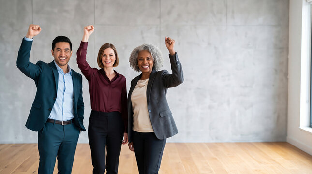 Diverse business team celebrating success by raising their fists in the air in a corporate office, copy space
