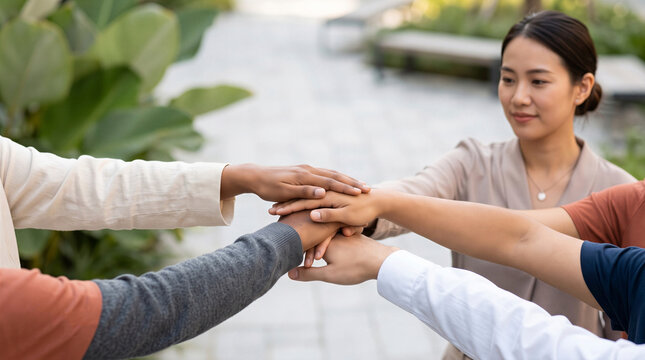 Diverse team of colleagues stacking hands together showing unity, teamwork, and collaboration