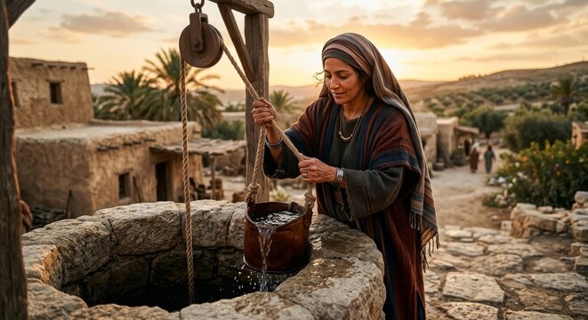 Woman in biblical-era clothing drawing water from an ancient stone well at sunset