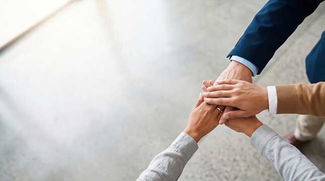 Top view of a diverse business team stacking hands together symbolizing teamwork, unity, and collaboration