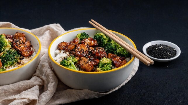 Healthy chicken stir fry with broccoli and rice for lunch