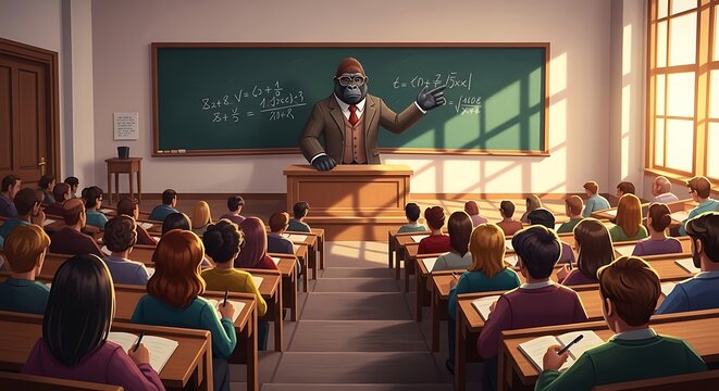 Funny illustration of a gorilla wearing a suit teaching math to students in a school classroom