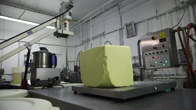 A massive block of yellow butter or cream resting on a stainless steel scale inside a sterile industrial food processing lab, surrounded by machinery and control panels.