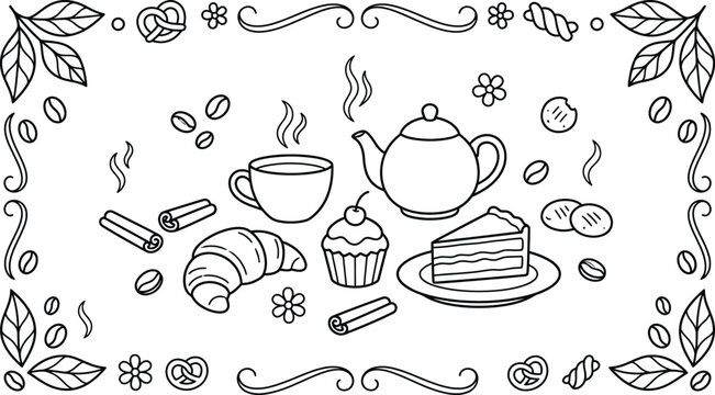 Coffee and Pastry Coloring Page with Decorative Border Vector Illustration
