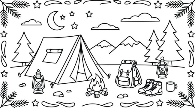 Camping scene coloring page with tent and campfire in a forest vector illustration