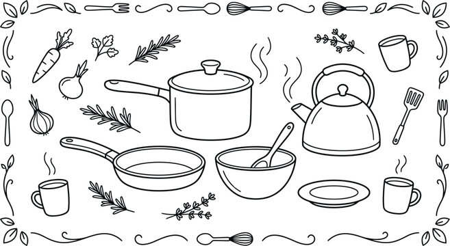 Kitchen Utensils and Cooking Ingredients Hand Drawn Vector Illustration Set