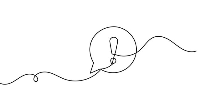 Speech bubble warning continuous line art symbol featuring exclamation mark and editable stroke.