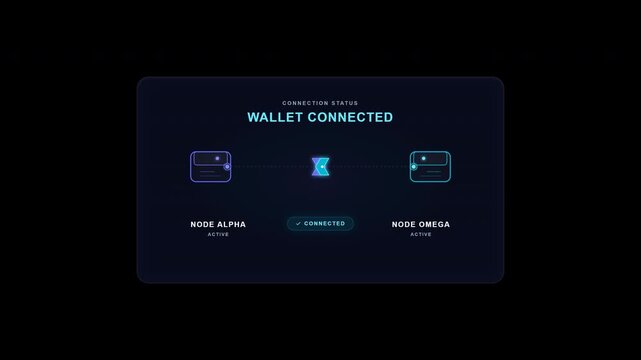 A premium DeFi wallet connection interface featuring two digital wallets establishing a secure handshake through synchronized connection lines, interlocking geometry, bidirectional energy signals, and