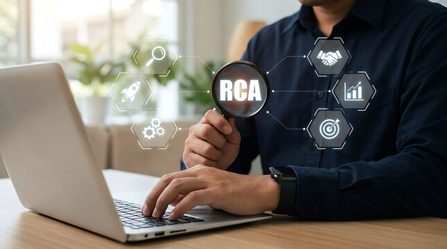 Professional analyzing root cause using digital icons and laptop in office