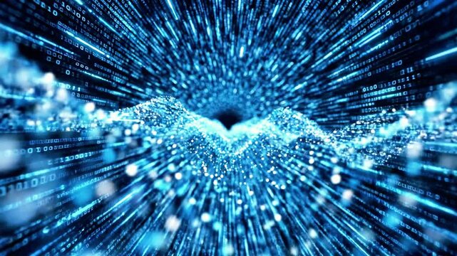 Glowing binary code particles in futuristic high speed data tunnel