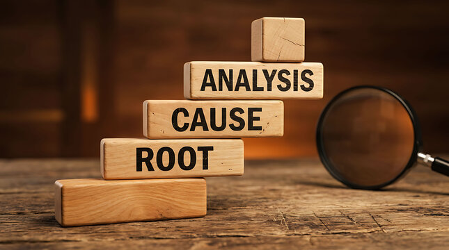 Wooden blocks forming a staircase with root cause analysis text and magnifying