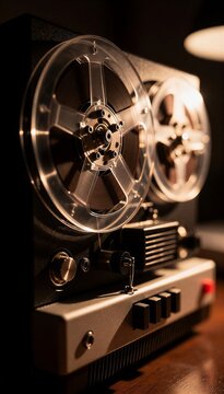 Vintage film projector with reels on wooden table