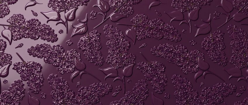 Dark purple background, with embossed lilac, flower patterns and, glossy reflective highlights