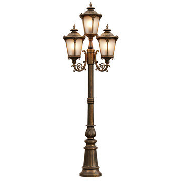 Ornate triple-headed street lamp with decorative scrollwork during dusk isolated on transparent background