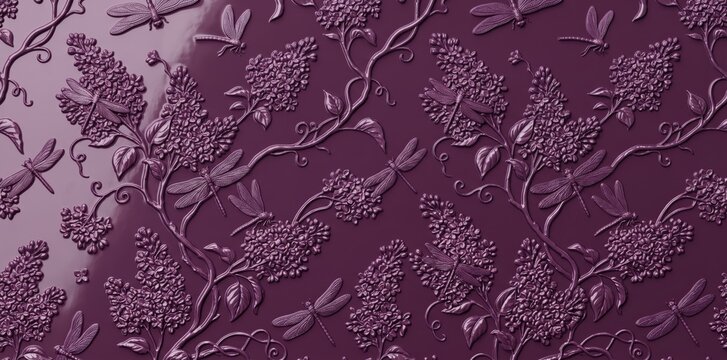 Dark purple embossed pattern with lilac flower clusters and flying dragonflies, surface texture