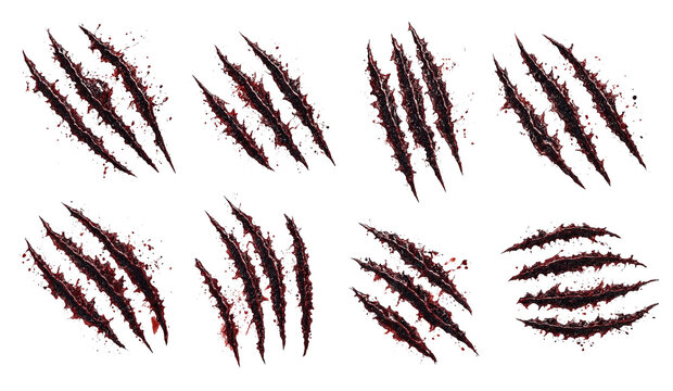 Set of isolated wild animal claw scratch marks with realistic blood splatters animal claws blood stains wild beast claw rip