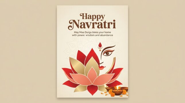 Elegant navratri festival invitation template with lotus flower and goddess durga face line art and oil lamp lighting.