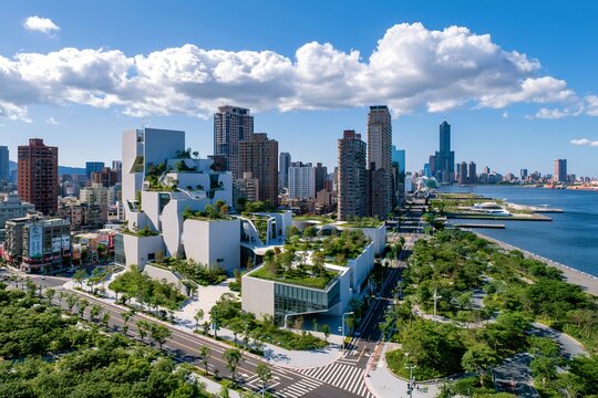 台湾高雄の青空と都市景観モダン建築と港湾が融合した風景