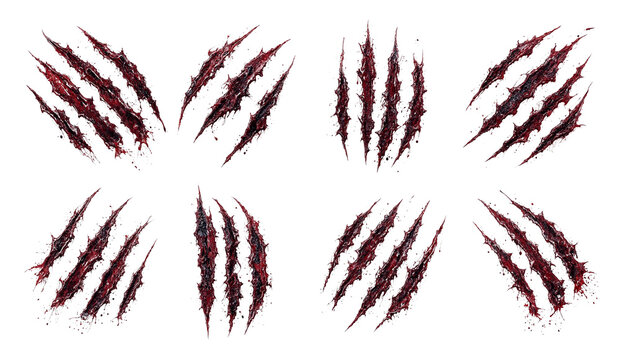 Set of dark red blood stained wild animal claw slashes on white background with claw marks scratch marks slash marks claw rip